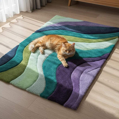 Retro area rug hand tufted teal aqua geometric wave design plush 70s style carpet