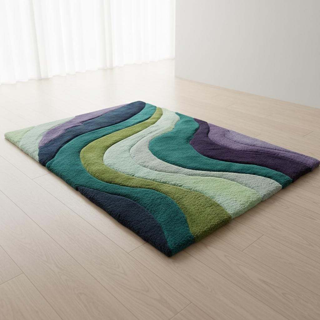Hand tufted retro area rug with teal aqua geometric wave pattern and plush softness