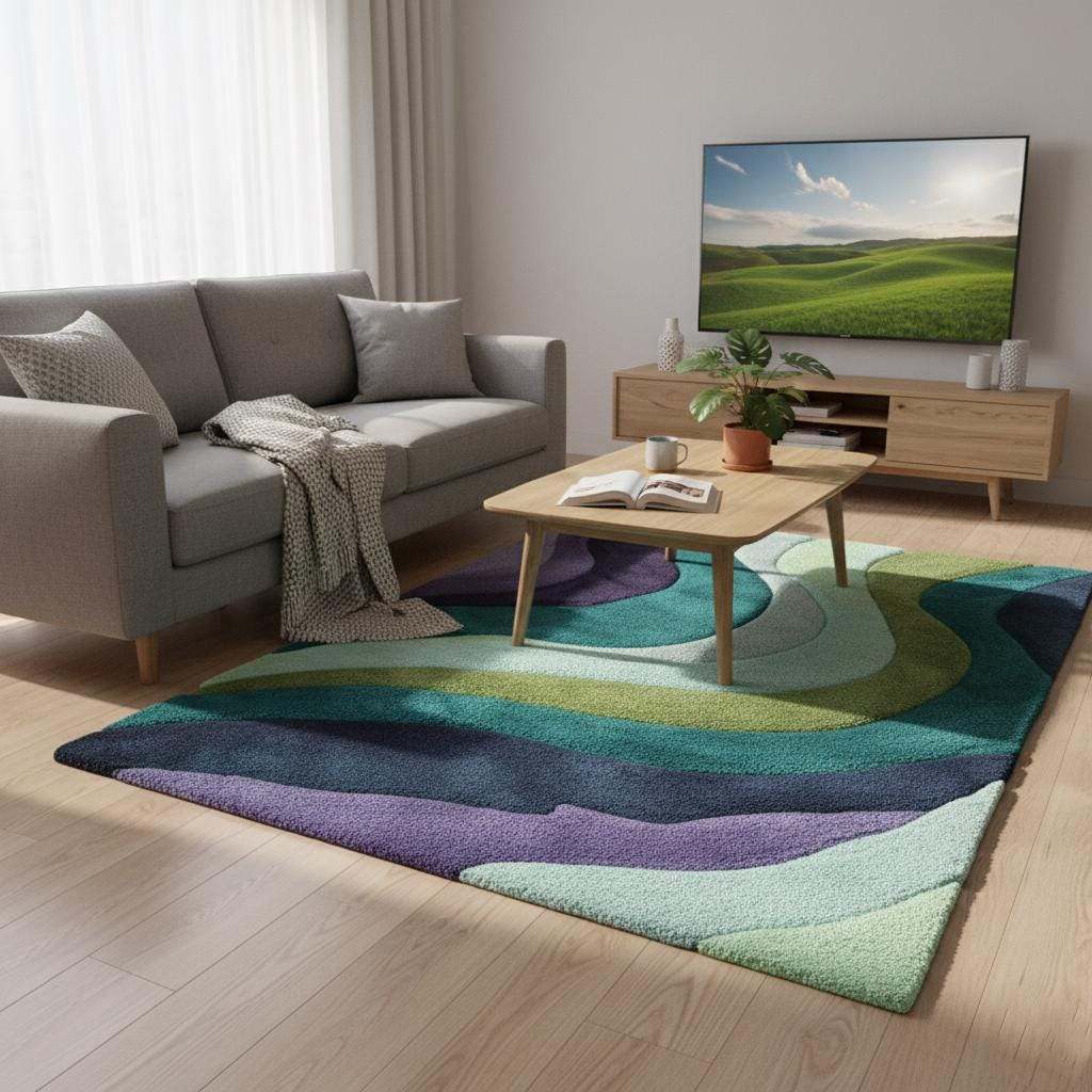 Hand tufted retro area rug with teal aqua geometric wave pattern in plush soft 70s style carpet