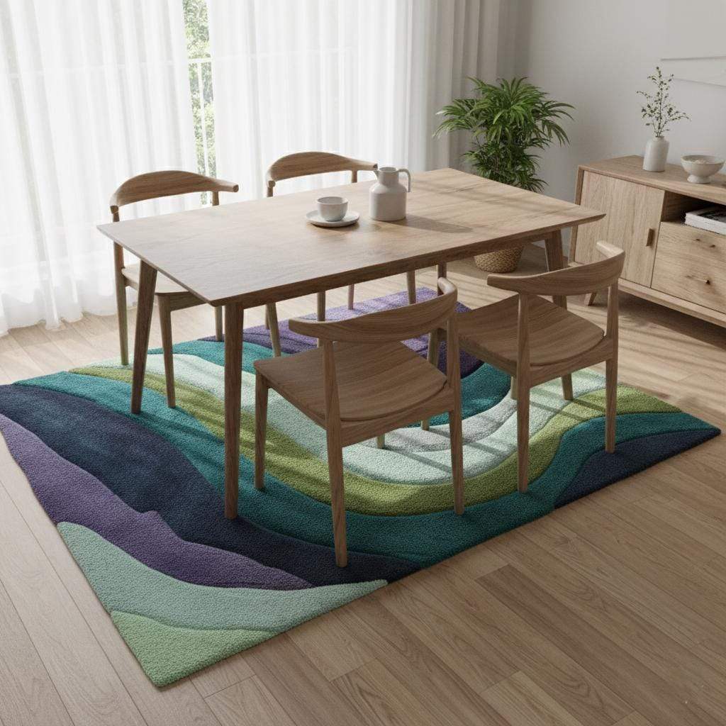 Retro area rug with hand tufted teal aqua geometric wave design and plush soft 70s style carpet