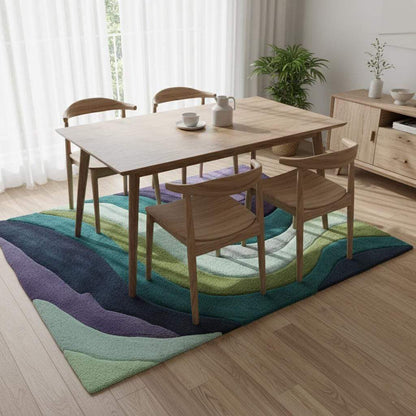 Retro area rug with hand tufted teal aqua geometric wave design and plush soft 70s style carpet