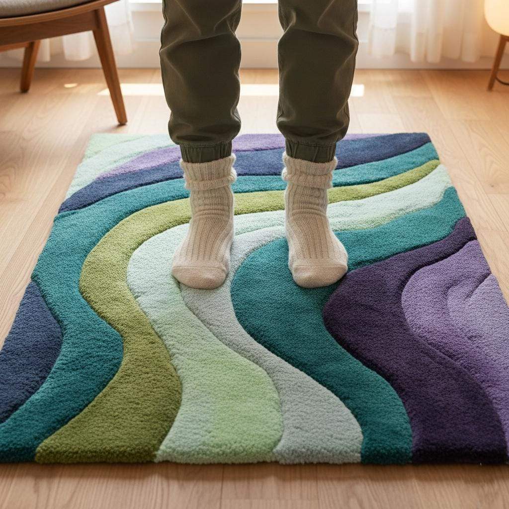 Retro area rug with hand tufted teal aqua geometric wave design and plush 70s style softness