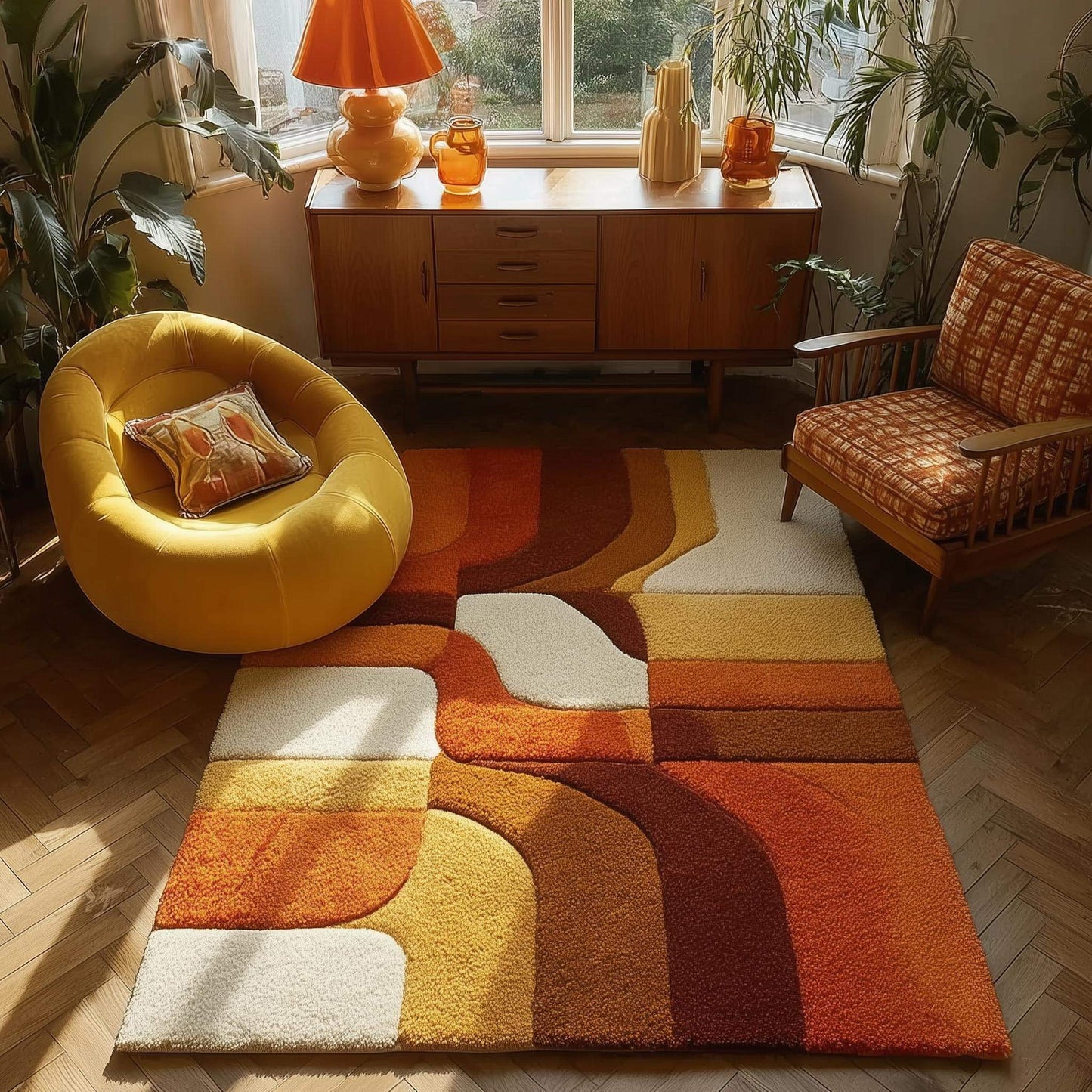 Hand-tufted retro rug with mustard orange geometric pattern and warm vintage tones