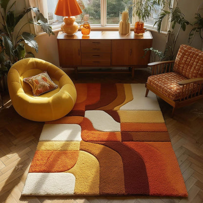 Hand-tufted retro rug with mustard orange geometric pattern and warm vintage tones