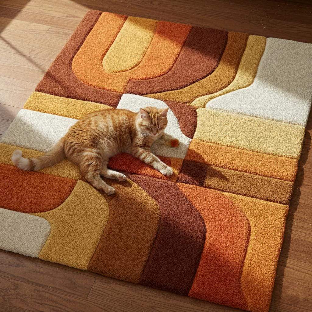 Hand-tufted retro rug with mustard orange geometric patterns and warm vintage tones for mid-century modern decor