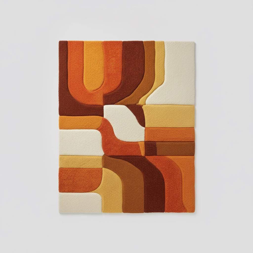 Hand-tufted retro rug with bold mustard orange geometric patterns and warm tones for vintage mid-century modern decor
