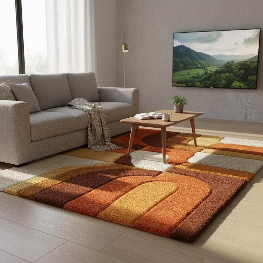 Hand-tufted retro rug with mustard orange geometric pattern and warm tones for vintage mid-century modern decor