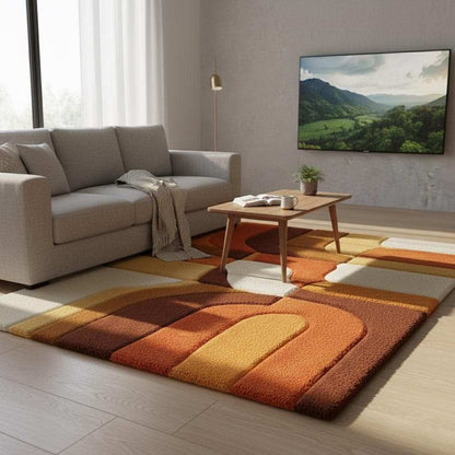 Hand-tufted retro rug with mustard orange geometric pattern and warm tones for vintage mid-century modern decor