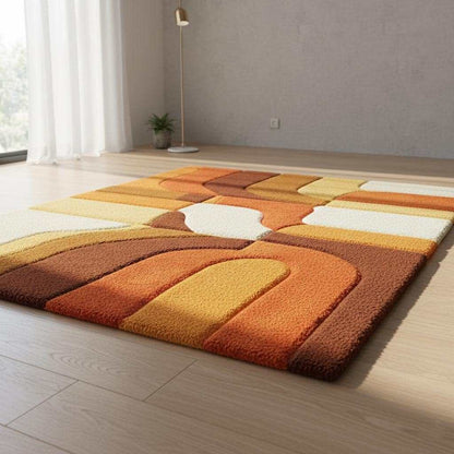 Retro rug with hand-tufted mustard orange geometric pattern and warm vintage tones