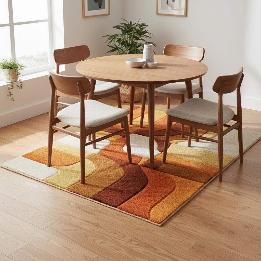 Hand-tufted retro rug with mustard orange geometric patterns and warm vintage tones