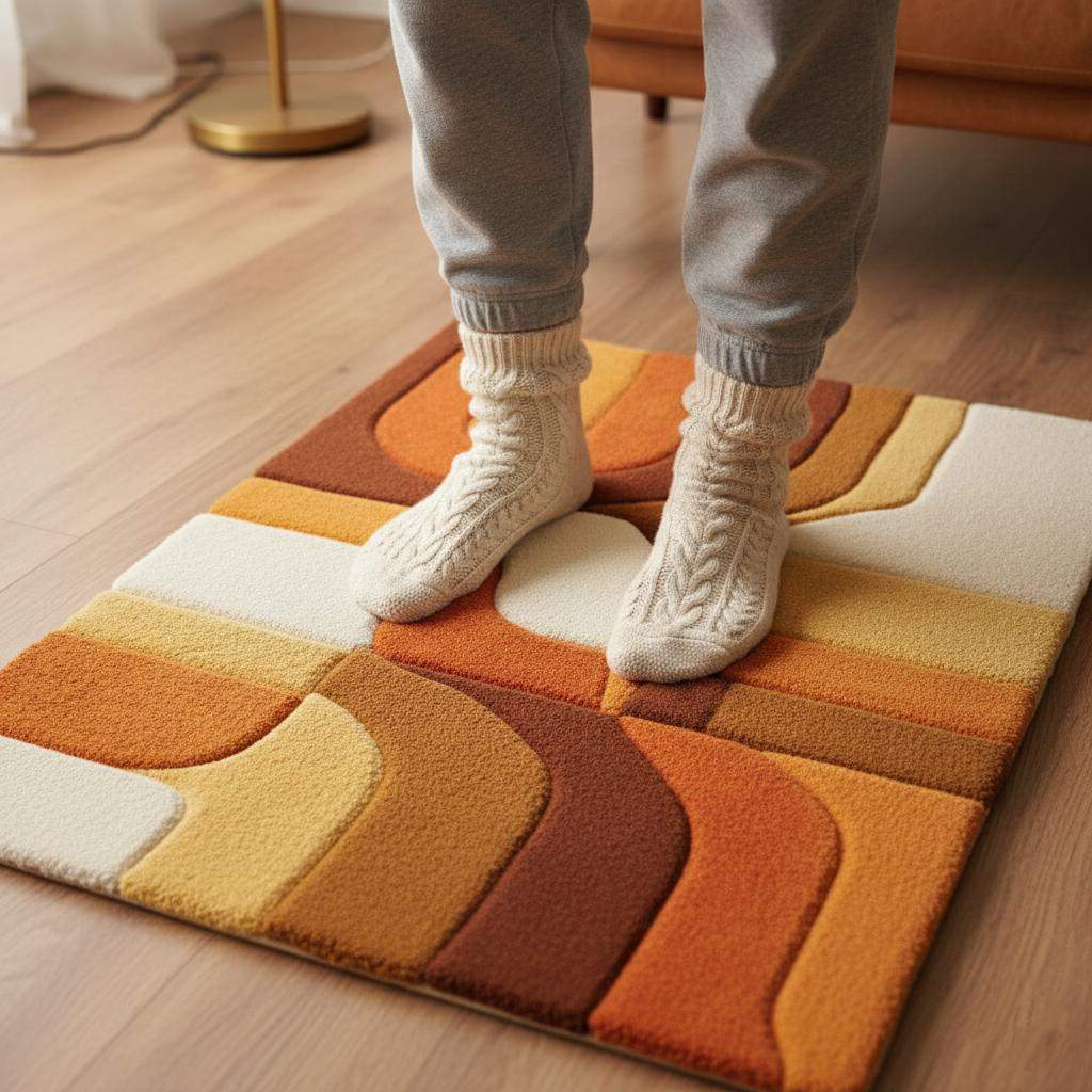 Hand-tufted retro rug with mustard orange geometric patterns and warm tones for mid-century modern decor