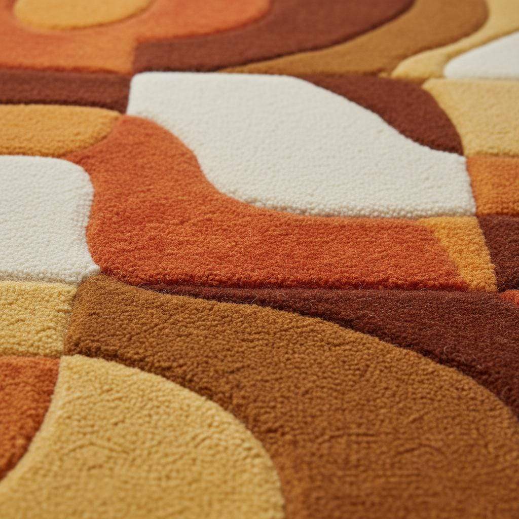 Retro rug with hand-tufted mustard orange geometric patterns and warm vintage tones
