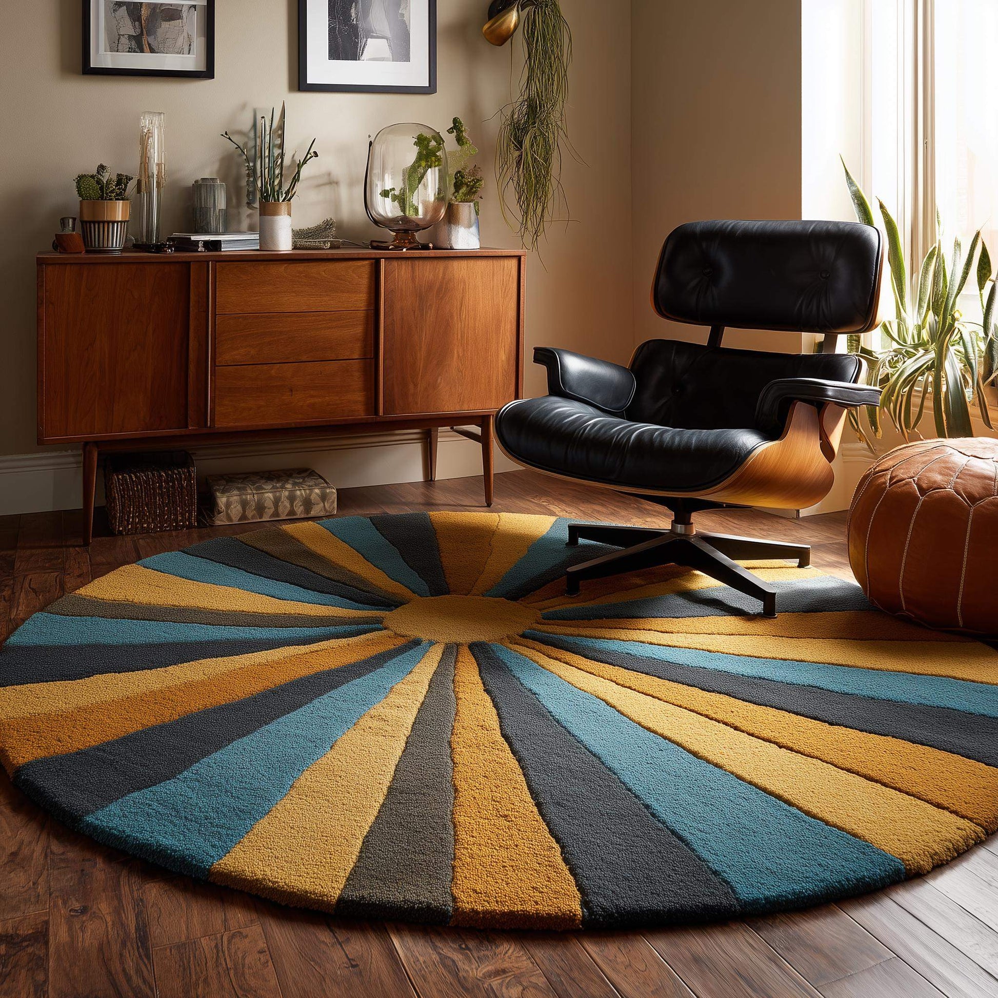 Hand-tufted Retro Sunburst Round Rug in mustard gold, teal, and charcoal wool for mid-century modern decor