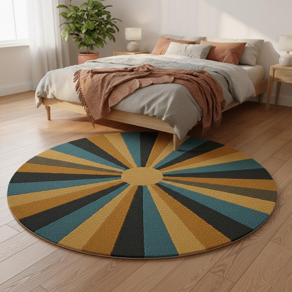 Retro Sunburst Round Rug | Mid Century Modern Tufted Carpet | Handmade Wool Accent Rug | Boho Living Room Decor | Custom Area Rug Teppich