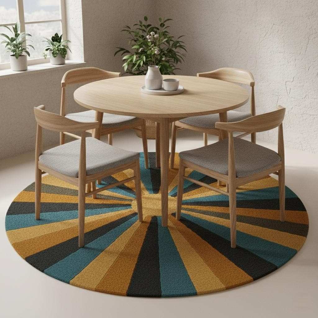 Retro Sunburst Round Rug | Mid Century Modern Tufted Carpet | Handmade Wool Accent Rug | Boho Living Room Decor | Custom Area Rug Teppich