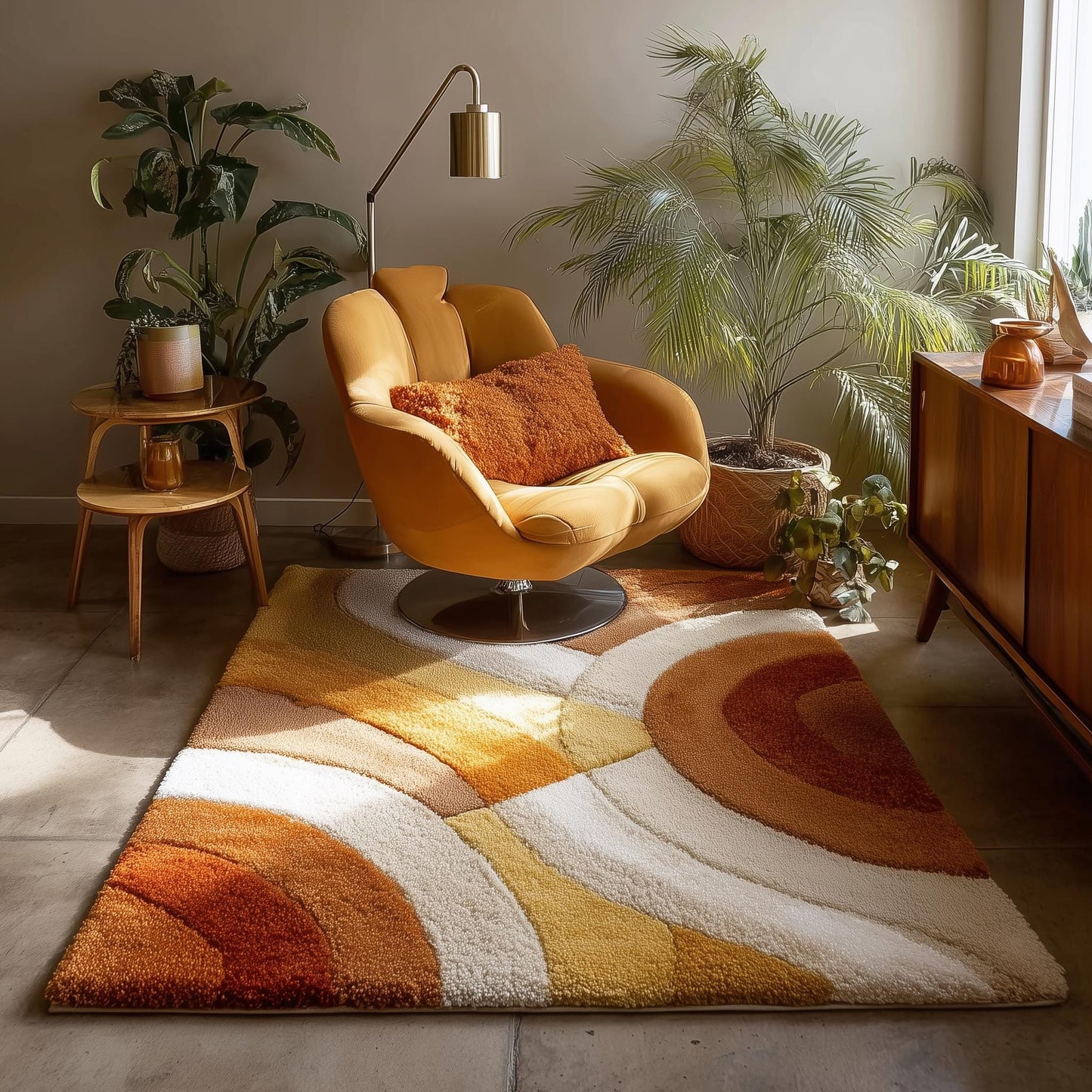 Handmade retro tufted area rug with warm earth tone abstract pattern and plush texture