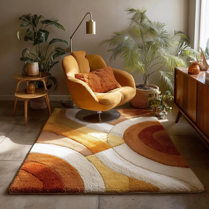 Handmade retro tufted area rug with warm earth tone abstract pattern and plush texture