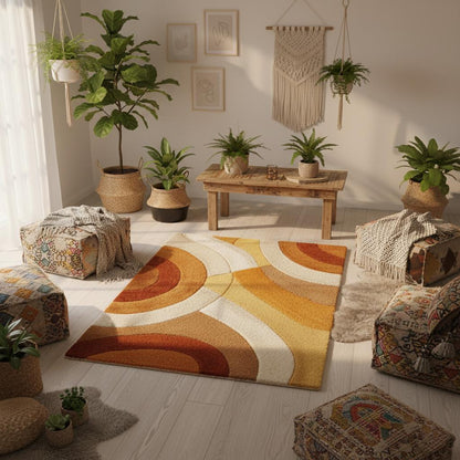 Retro Tufted Area Rug | Mid Century Modern Abstract Carpet | Warm Boho Accent Rug for Living Room | Handmade Soft Textured Rug | MCM Rug