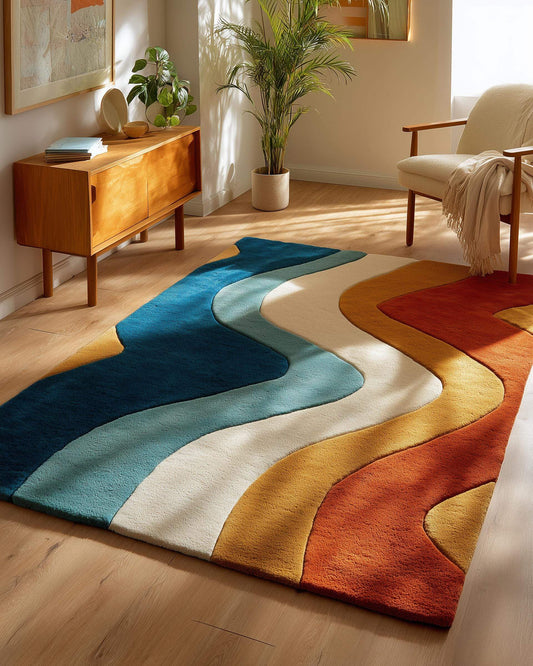 Retro wavy area rug with colorful abstract curvy stripes in handmade wool