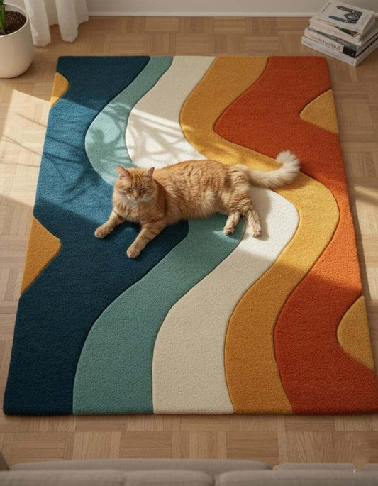 Retro wavy area rug with colorful abstract wavy stripes, handmade wool, soft tufted surface, rectangular shape, vibrant mid-century decor design