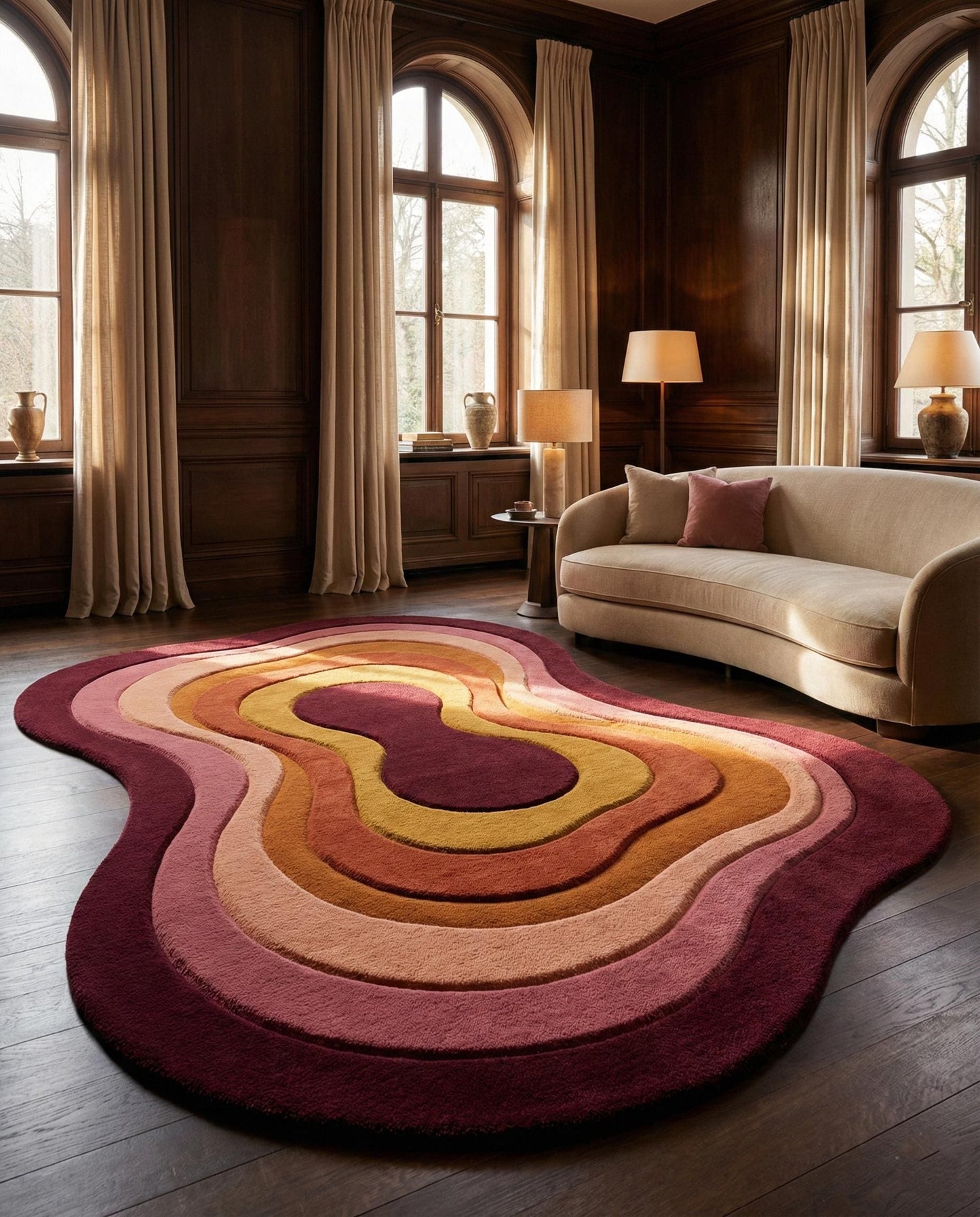 Retro wavy area rug with handmade organic shape in warm earth tones and plush texture