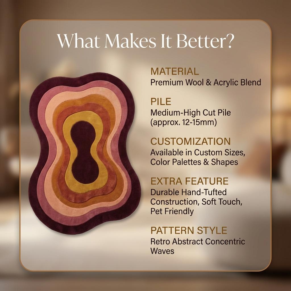 Retro Wavy Area Rug, Organic Shape Abstract Carpet, 70s Style Living Room Rug, Warm Earth Tone Blob Rug, Handmade Modern Boho Home Decor