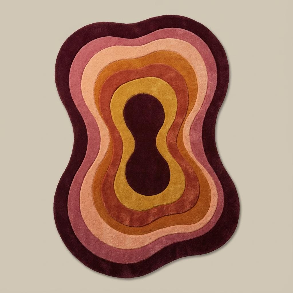 Retro Wavy Area Rug, Organic Shape Abstract Carpet, 70s Style Living Room Rug, Warm Earth Tone Blob Rug, Handmade Modern Boho Home Decor