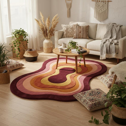 Retro Wavy Area Rug, Organic Shape Abstract Carpet, 70s Style Living Room Rug, Warm Earth Tone Blob Rug, Handmade Modern Boho Home Decor