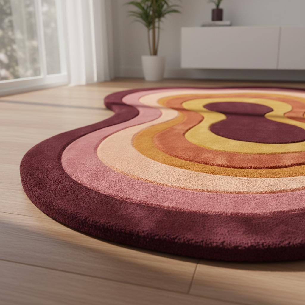 Retro Wavy Area Rug, Organic Shape Abstract Carpet, 70s Style Living Room Rug, Warm Earth Tone Blob Rug, Handmade Modern Boho Home Decor