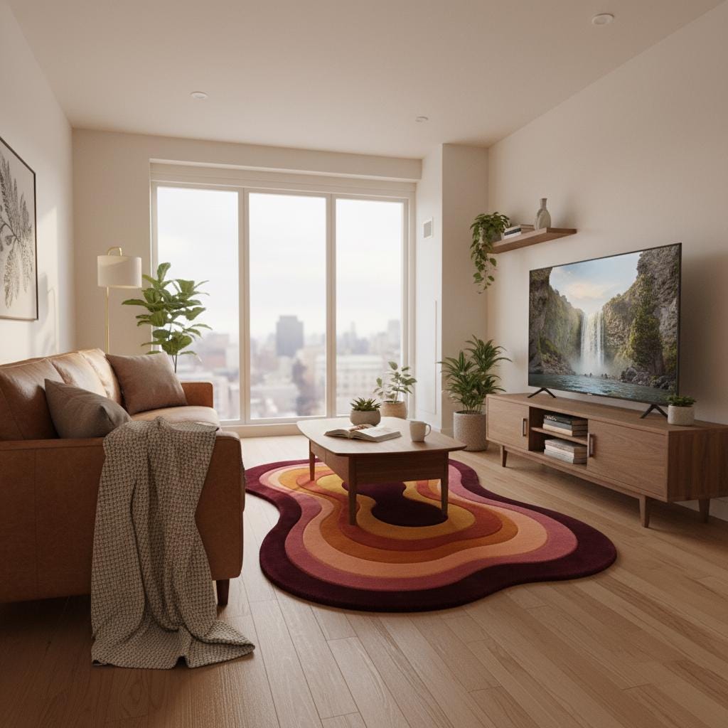 Retro Wavy Area Rug, Organic Shape Abstract Carpet, 70s Style Living Room Rug, Warm Earth Tone Blob Rug, Handmade Modern Boho Home Decor