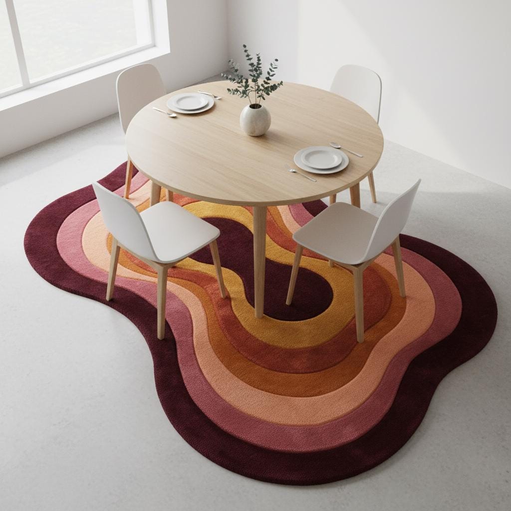 Retro Wavy Area Rug, Organic Shape Abstract Carpet, 70s Style Living Room Rug, Warm Earth Tone Blob Rug, Handmade Modern Boho Home Decor