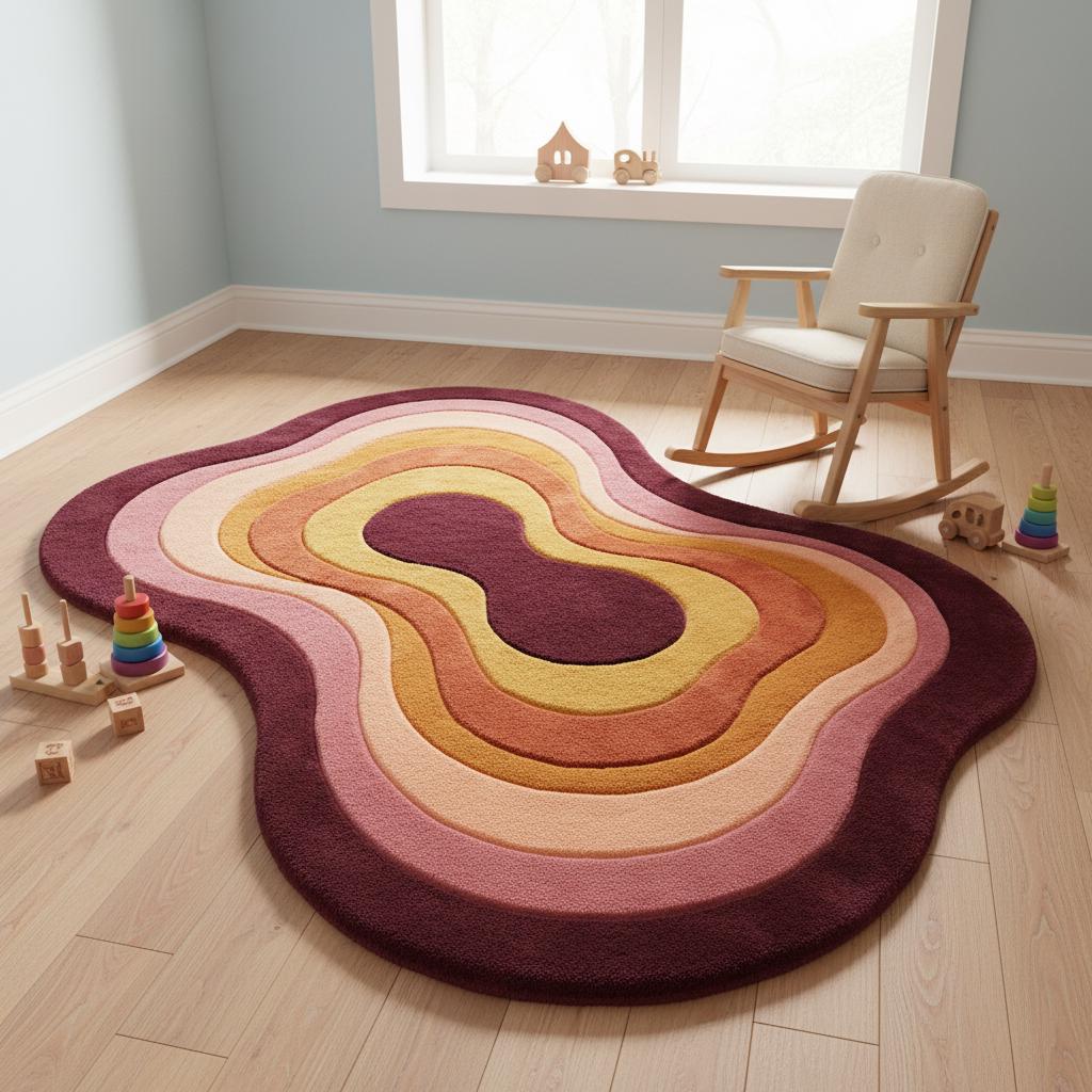 Retro Wavy Area Rug, Organic Shape Abstract Carpet, 70s Style Living Room Rug, Warm Earth Tone Blob Rug, Handmade Modern Boho Home Decor