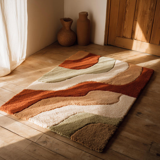 Hand-tufted wool rug with retro wavy desert wave design in terracotta, camel, cream, and sage tones.