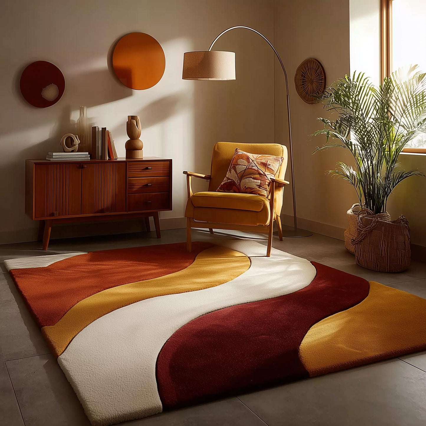 Mid century modern rug with handmade wool and abstract wave design in warm earth tones