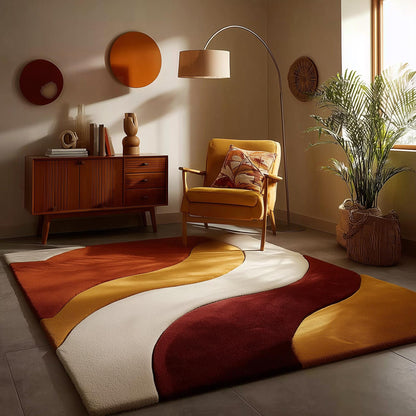 Mid century modern rug with handmade wool and abstract wave design in warm earth tones
