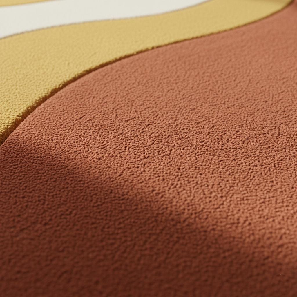 Handmade mid century modern wool rug with abstract wave design in burnt orange, mustard, cream, and rust tones
