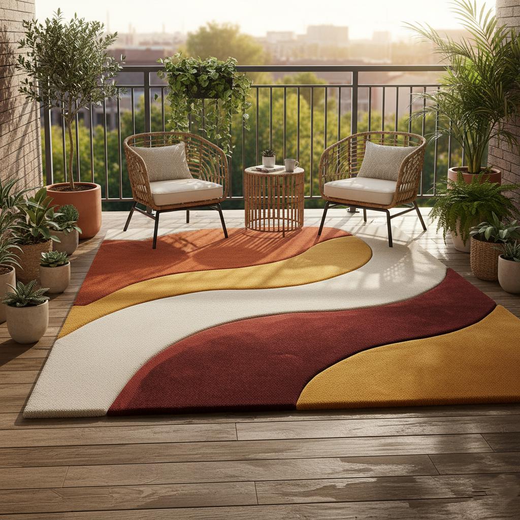 Handmade mid century modern rug with abstract wave design in burnt orange, mustard, cream, and rust tones