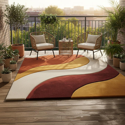 Handmade mid century modern rug with abstract wave design in burnt orange, mustard, cream, and rust tones