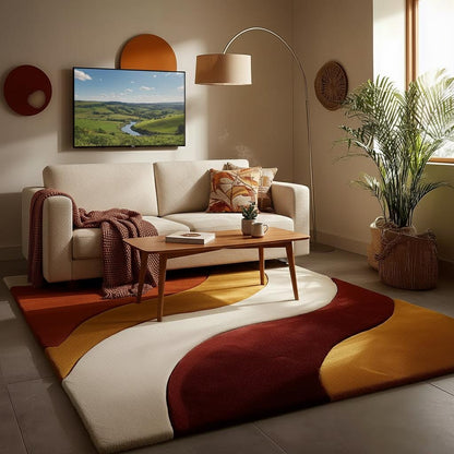 Handmade mid century modern rug with abstract wave design in burnt orange, mustard, cream, and rust tones
