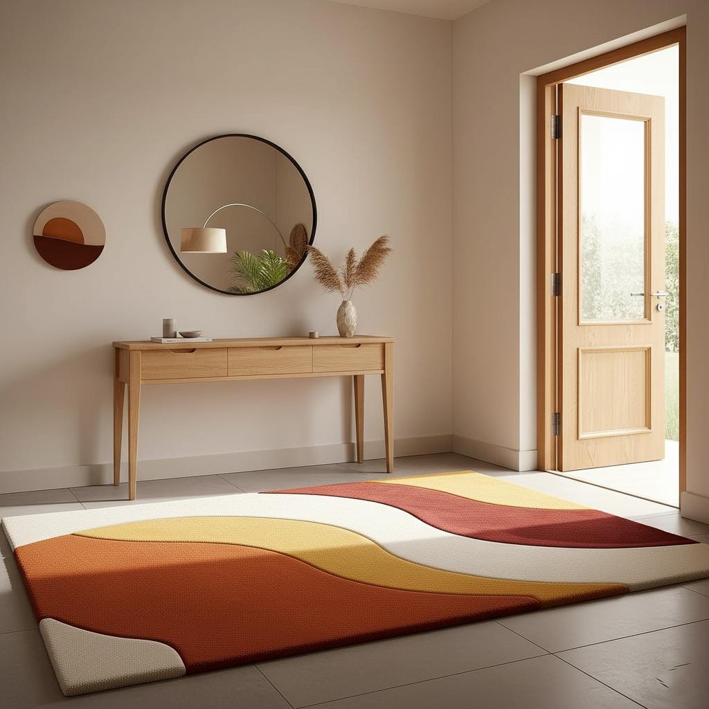 Handmade mid century modern rug with abstract wave design in warm burnt orange, mustard, cream, and rust tones