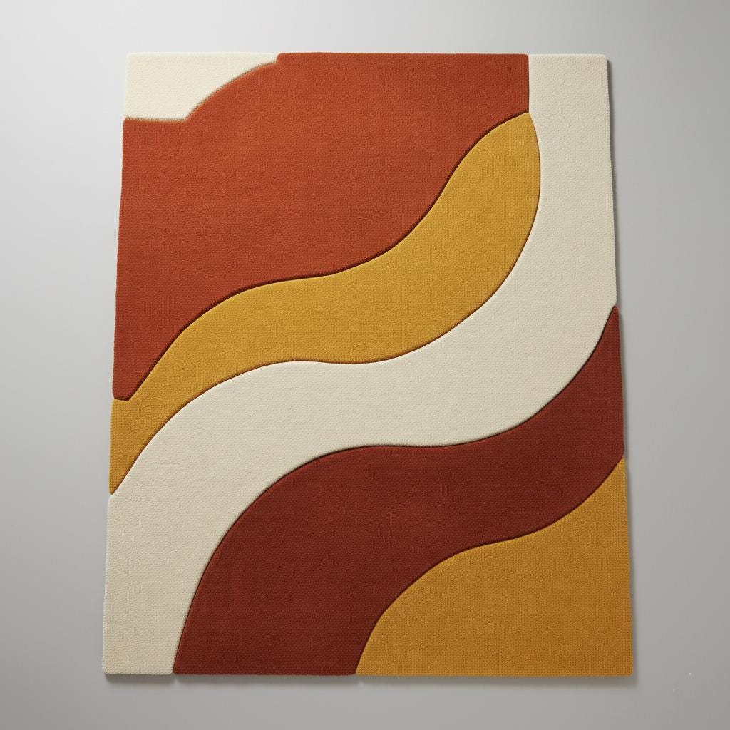 Handmade mid century modern rug with abstract wave design in warm earth tones of burnt orange, mustard, cream, and rust