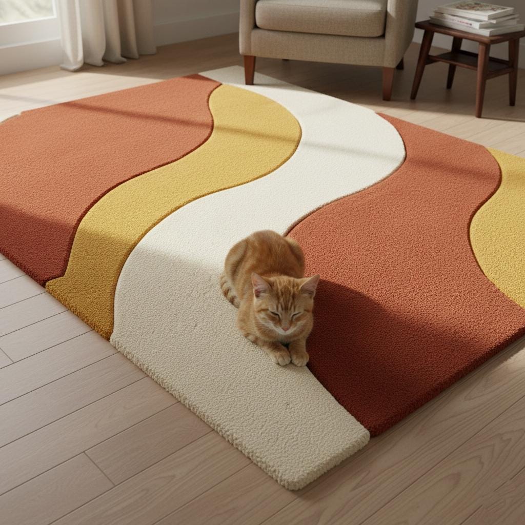 Handmade mid century modern rug with abstract wave design in warm retro earth tones