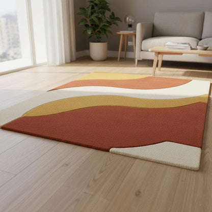 Handmade mid century modern rug with abstract wave design in warm earth tones
