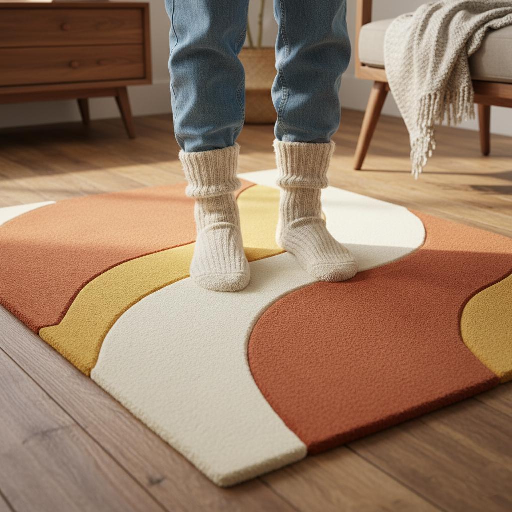 Handmade mid century modern wool rug with abstract wave design in burnt orange and mustard tones
