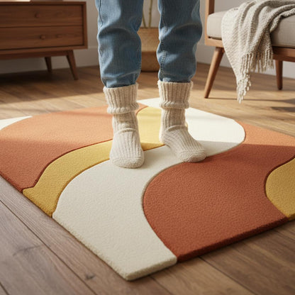 Handmade mid century modern wool rug with abstract wave design in burnt orange and mustard tones