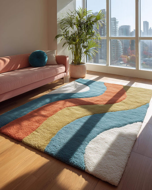 Retro wavy rug with teal, rust, and mustard color blocks and soft textured pile