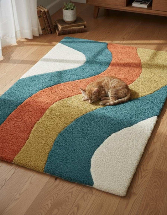 Retro Wavy Rug: Teal, Rust & Mustard Abstract Color-Block Teppich
