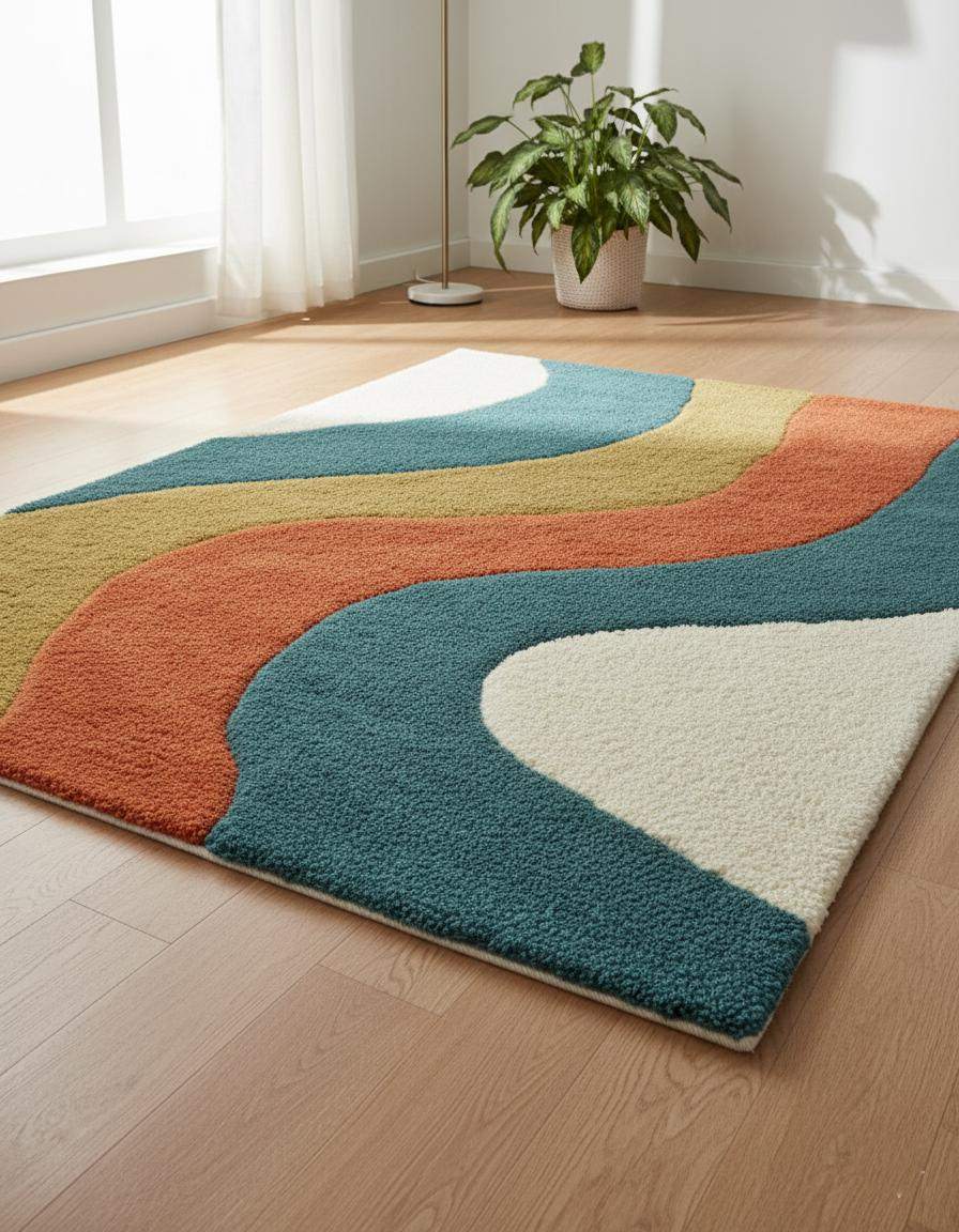 Retro Wavy Rug: Teal, Rust & Mustard Abstract Color-Block Teppich