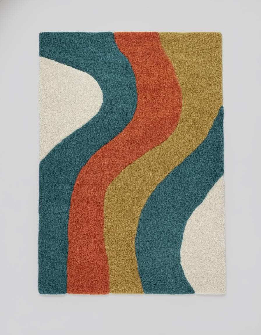 Retro Wavy Rug: Teal, Rust & Mustard Abstract Color-Block Teppich