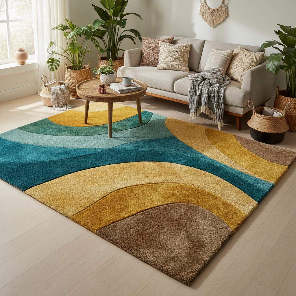 Retro abstract wave wool rug in teal, mustard, aqua, and brown with hand-tufted plush texture for modern living room and bedroom decor